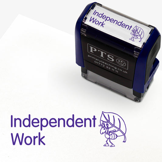 Rectangular self-inking stamper measuring 38mm by 15mm, featuring the phrase 'Independent Work' in purple text next to an illustration of an ant carrying a leaf on it's back.