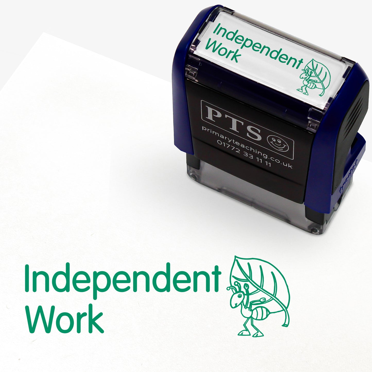 Rectangular self-inking stamper measuring 38mm by 15mm, featuring the phrase 'Independent Work' in green text next to an illustration of an ant carrying a leaf on it's back.