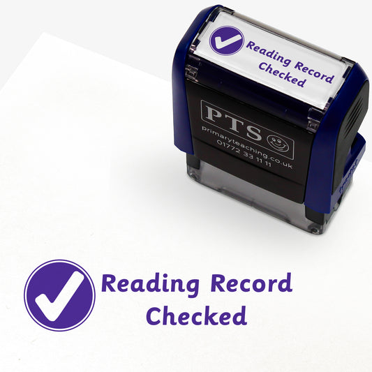 A rectangular pre-inked teacher stamper measuring 38mm x 15mm, featuring a purple impression of a white bold tick within a purple circle, alongside the phrase 'Reading Record Checked'