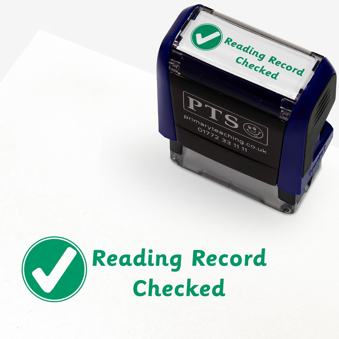 A rectangular pre-inked teacher stamper measuring 38mm x 15mm, featuring a green impression of a white bold tick within a green circle, alongside the phrase 'Reading Record Checked'