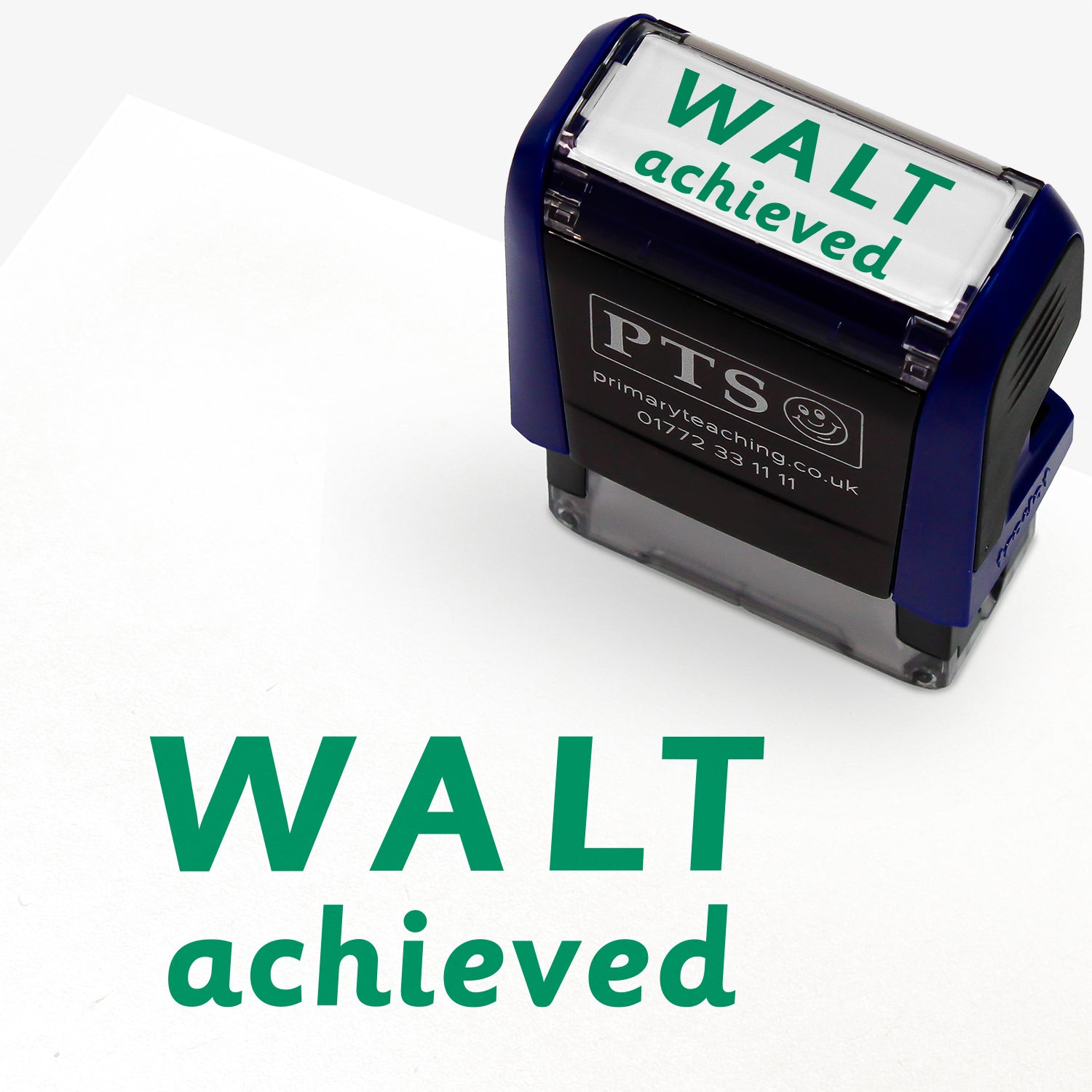 Rectangular self-inking stamper measuring 38mm by 15mm, featuring the phrase 'WALT achieved' in bold green uppercase letters; designed for educators to acknowledge pupils' attainment of learning objectives.