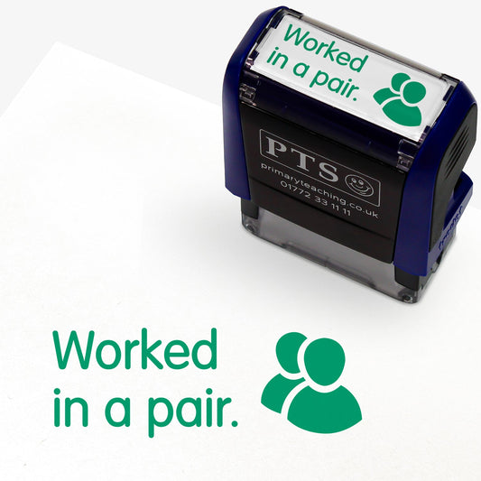 Rectangular self-inking stamper 38 x 15mm with green ink, displaying 2 people icons together alongside the text 'Worked in a pair.'