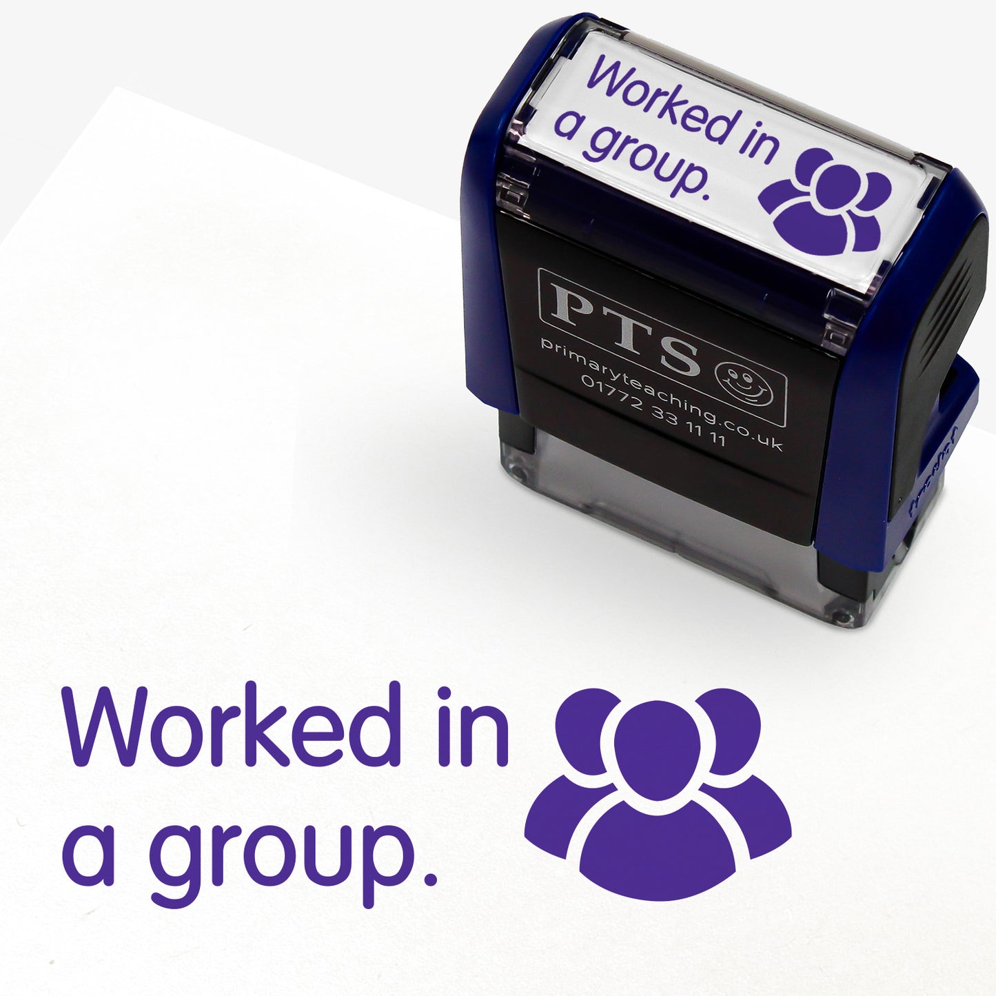 Rectangular self-inking stamper 38 x 15mm with purple ink, displaying 3 people icons grouped together alongside the text 'Worked in a group.'