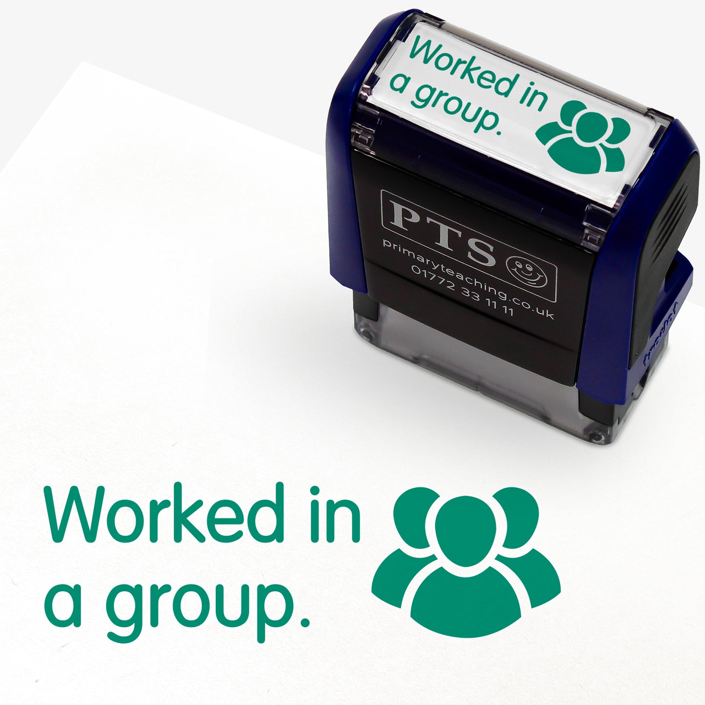 Rectangular self-inking stamper 38 x 15mm with green ink, displaying 3 people icons grouped together alongside the text 'Worked in a group.'