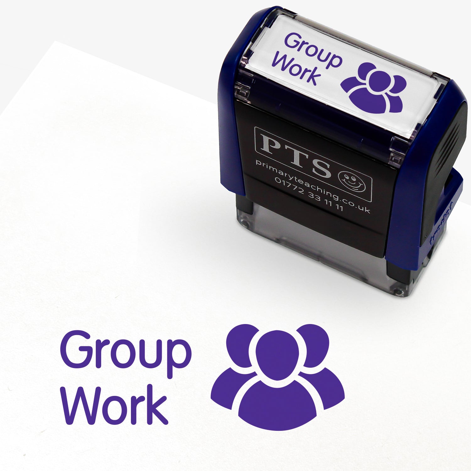 38mm x 15mm self-inking stamper featuring the phrase 'Group Work.' in bold purple letters next to an illustration of three bodies.