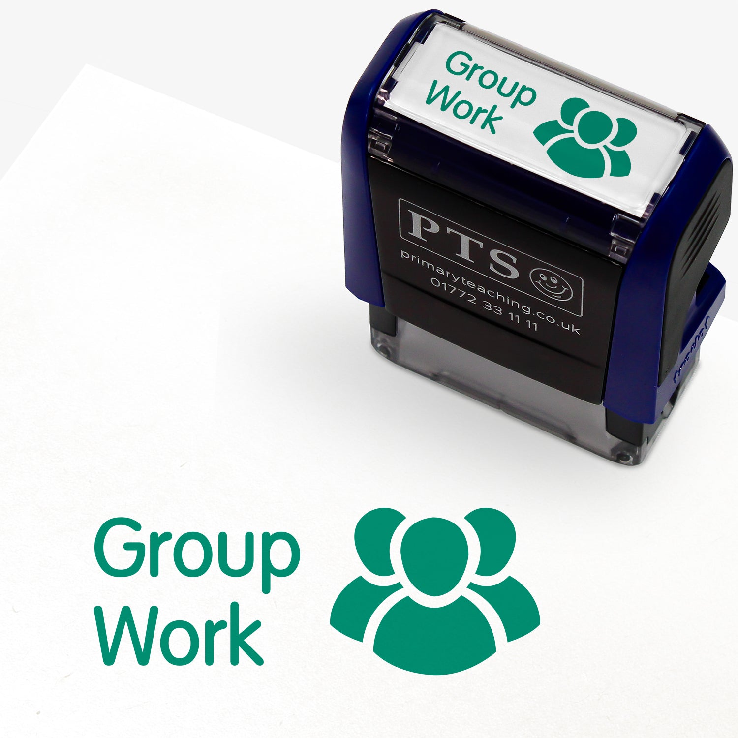 38mm x 15mm self-inking stamper featuring the phrase 'Group Work.' in bold green letters next to an illustration of three bodies.