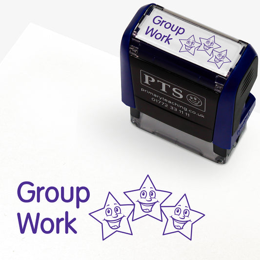 38mm x 15mm self-inking stamper featuring the phrase 'Group Work.' in bold purple letters next to an illustration of three smiling cartoon stars.