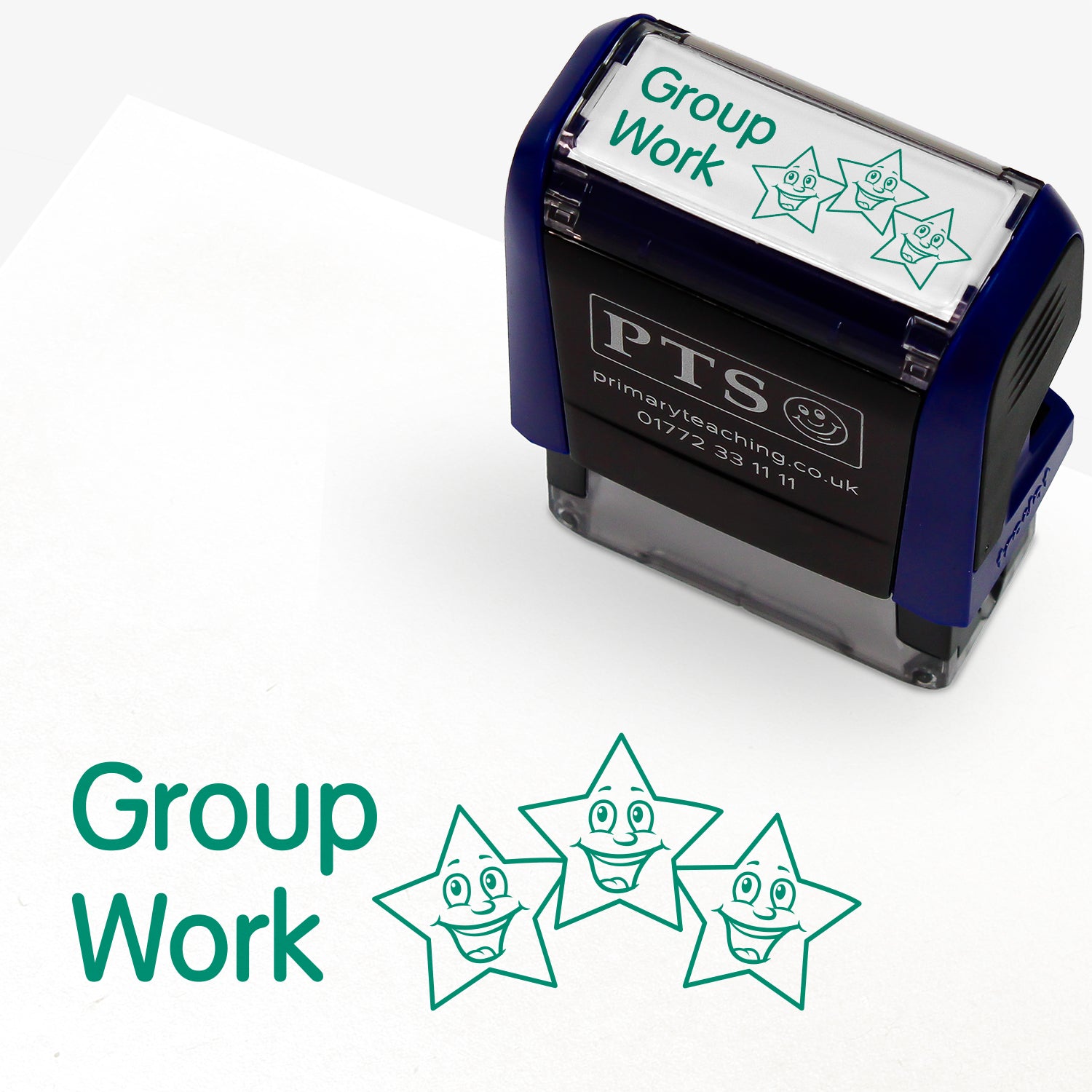 38mm x 15mm self-inking stamper featuring the phrase 'Group Work.' in bold green letters next to an illustration of three smiling cartoon stars.