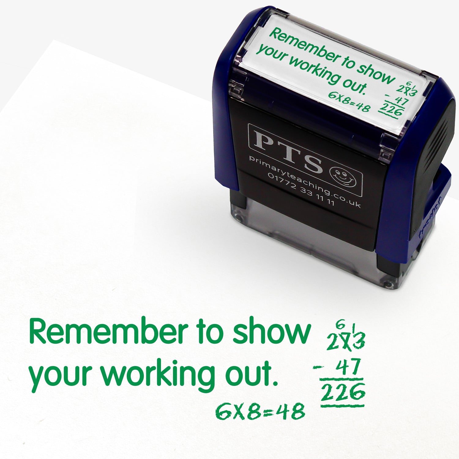 Rectangular self-inking stamper measuring 38mm by 15mm, featuring a green impression lined writing paper of the phrase 'Remember to show your working out.' alongside an image maths sums.