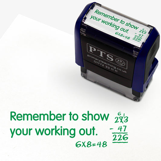 Rectangular self-inking stamper measuring 38mm by 15mm, featuring a green impression lined writing paper of the phrase 'Remember to show your working out.' alongside an image maths sums.