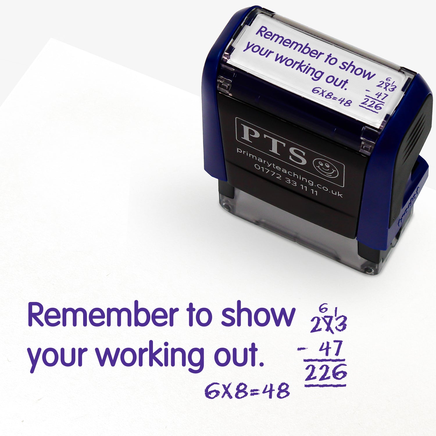 Rectangular self-inking stamper measuring 38mm by 15mm, featuring a purple impression lined writing paper of the phrase 'Remember to show your working out.' alongside an image maths sums.