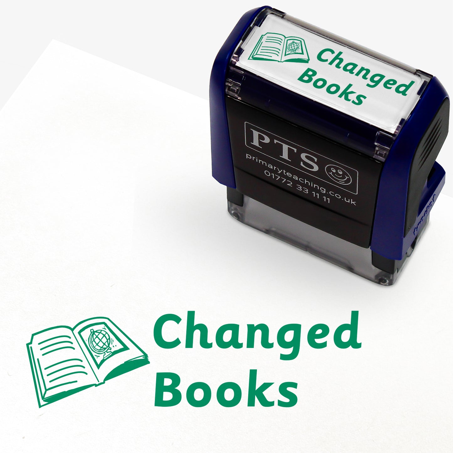 Rectangular self-inking stamper with green ink measuring 38mm by 15mm, featuring the phrase 'Changed Books' alongside an illustration of an open book with lines on one side and a globe icon on the other side.