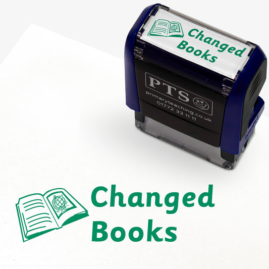 Rectangular self-inking stamper with green ink measuring 38mm by 15mm, featuring the phrase 'Changed Books' alongside an illustration of an open book with lines on one side and a globe icon on the other side.