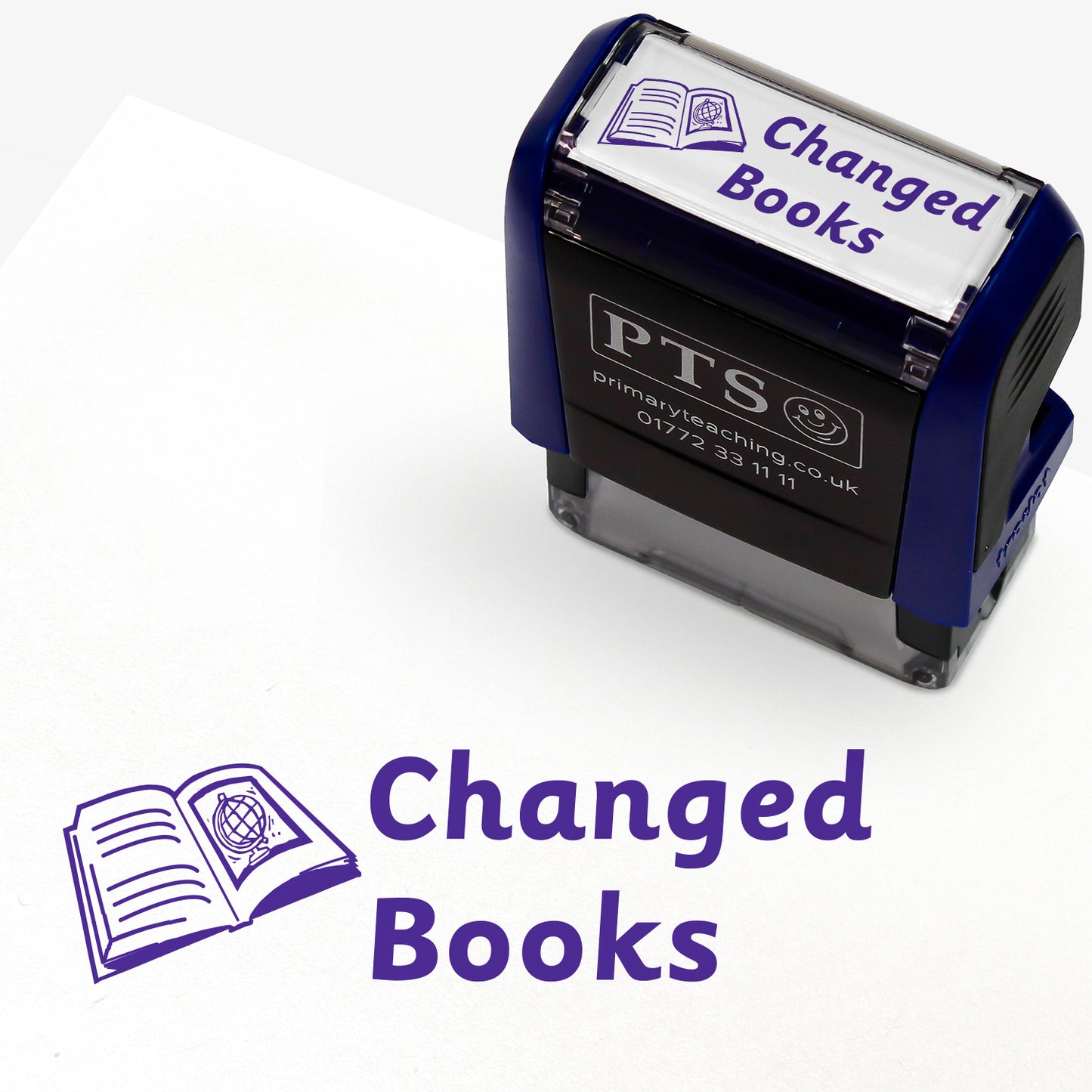 Rectangular self-inking stamper with purple ink measuring 38mm by 15mm, featuring the phrase 'Changed Books' alongside an illustration of an open book with lines on one side and a globe icon on the other side.