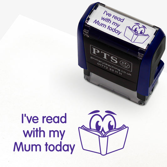 Rectangular self-inking stamper measuring 38mm by 15mm, featuring the phrase 'I've read with my mum today' in purple text next to an illustration of an open book with 2 eyes peering over.
