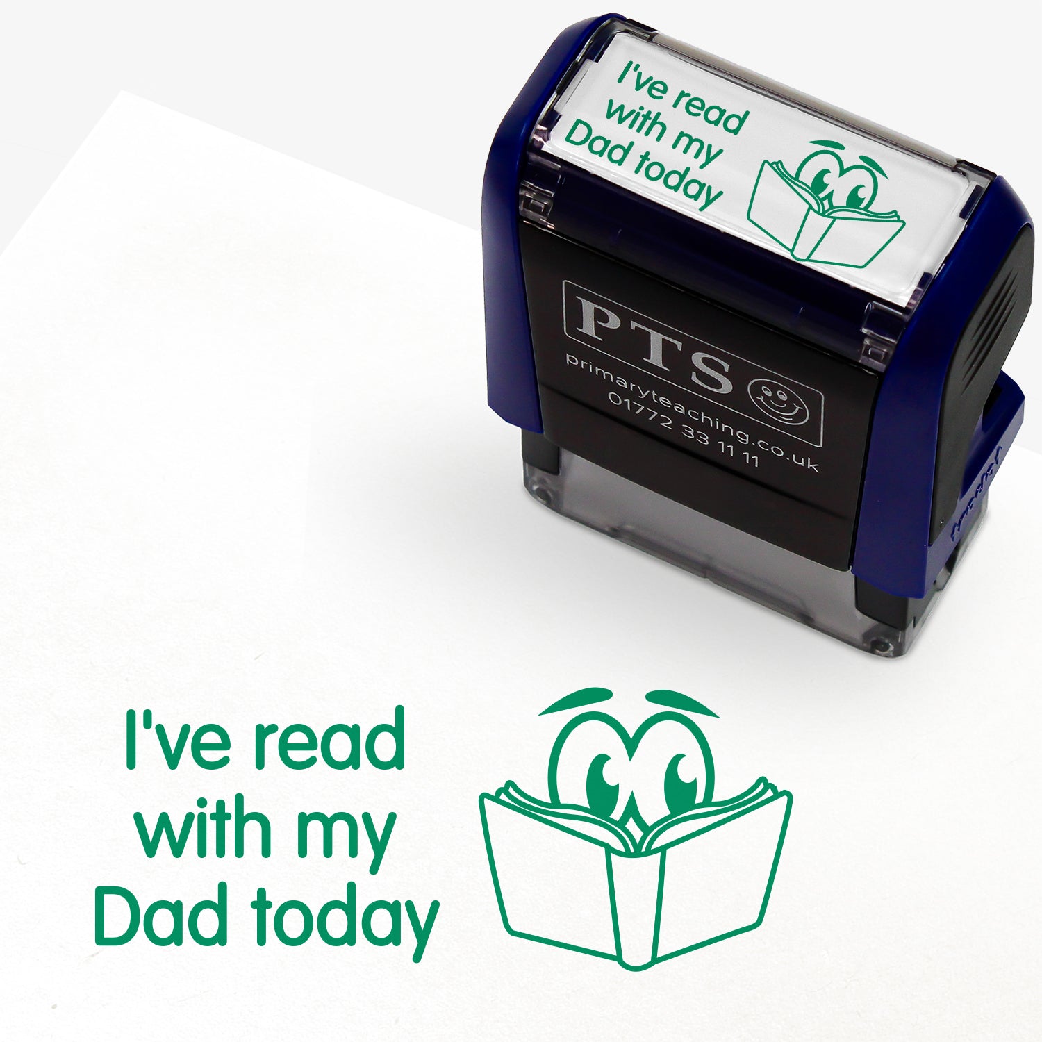 Rectangular self-inking stamper measuring 38mm by 15mm, featuring the phrase 'I've read with my dad today' in green text next to an illustration of an open book with 2 eyes peering over.