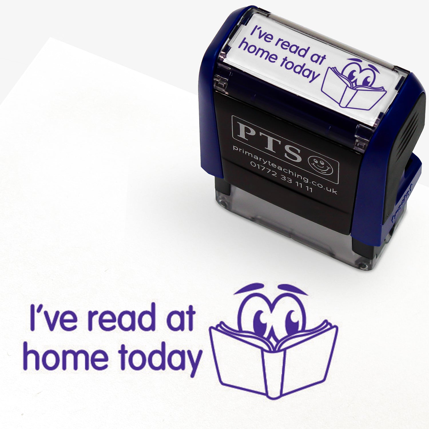 Rectangular self-inking stamper measuring 38mm by 15mm, featuring the phrase 'I've read at home today' in purple text next to an illustration of an open book with 2 eyes peering over.