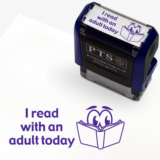 Rectangular self-inking stamper measuring 38mm by 15mm, featuring the phrase 'I've read with an adult today' in purple text next to an illustration of an open book with 2 eyes peering over.