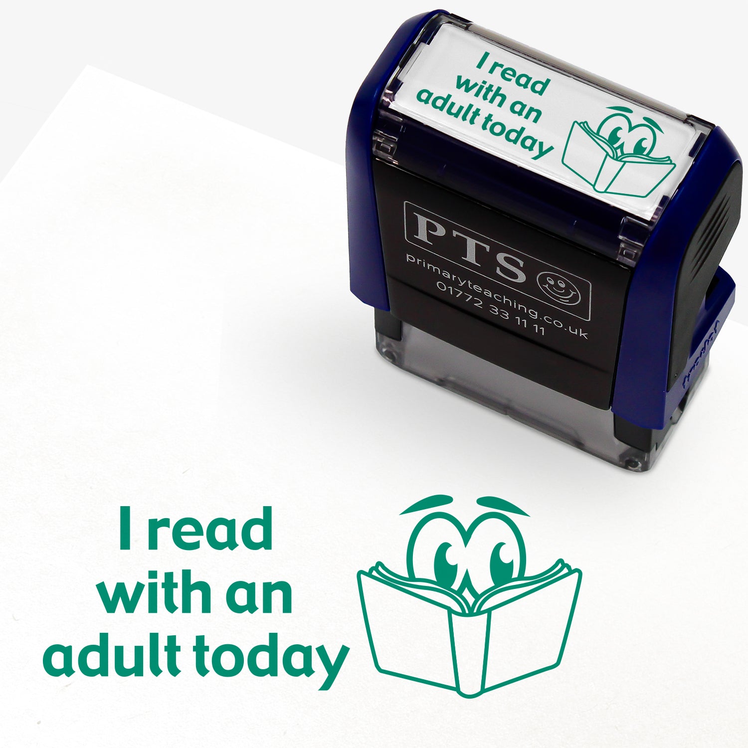Rectangular self-inking stamper measuring 38mm by 15mm, featuring the phrase 'I've read with an adult today' in green text next to an illustration of an open book with 2 eyes peering over.