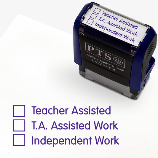Rectangular self-inking stamper with three lines of text with check box next to each line: ‘Teacher Assisted’, ‘TA Assisted’, and ‘Independent Work’; printed in purple ink, 38mm by 15mm in size, ideal for classroom marking and assessment clarity.