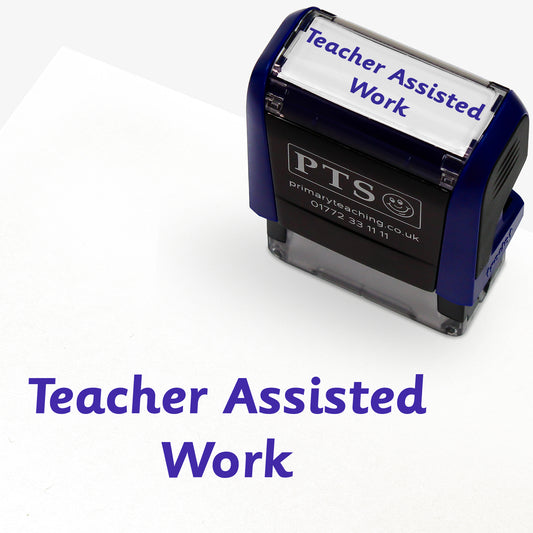 Purple self-inking teacher stamper displaying the text 'Teacher Assisted Work' in bold, sans-serif font; rectangular design measuring 38mm x 15mm, suitable for marking pupils' workbooks