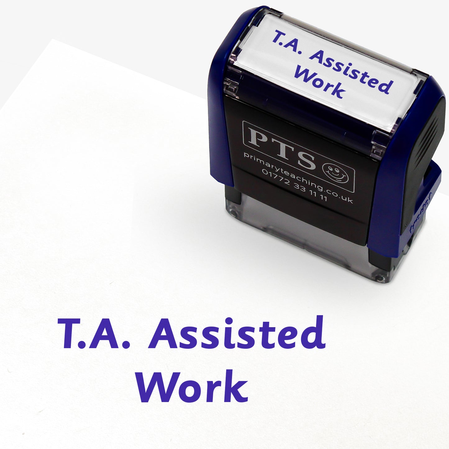 Rectangular self-inking stamper 38mm x 15mm with purple ink, featuring the phrase 'T.A. Assisted Work' 