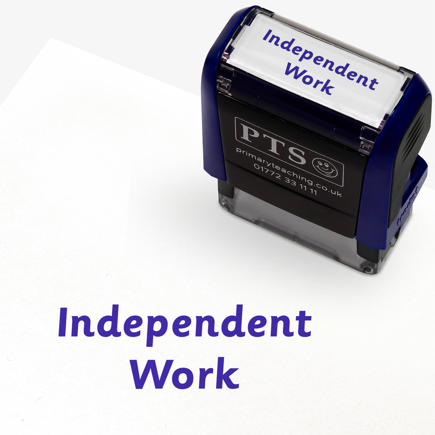 Rectangular self-inking stamper measuring 38mm by 15mm, featuring the phrase 'Independent Work' in purple text.