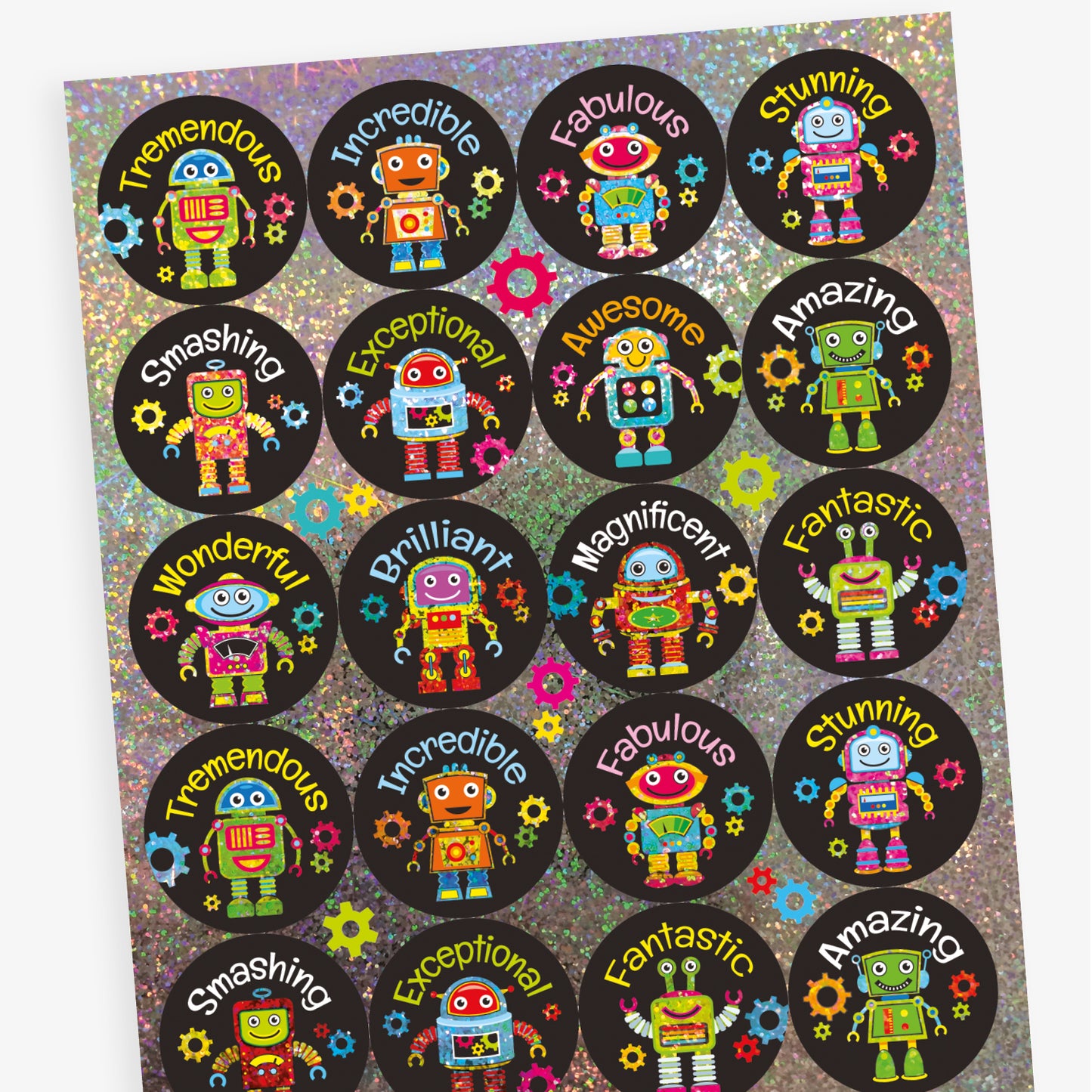 A sheet of circular reward stickers with a black background, each featuring a colourful holographic cartoon robot and positive words such as 'Smashing', 'Wonderful', 'Tremendous', and 'Brilliant'. Surrounding each robot are small, colourful gear icons.