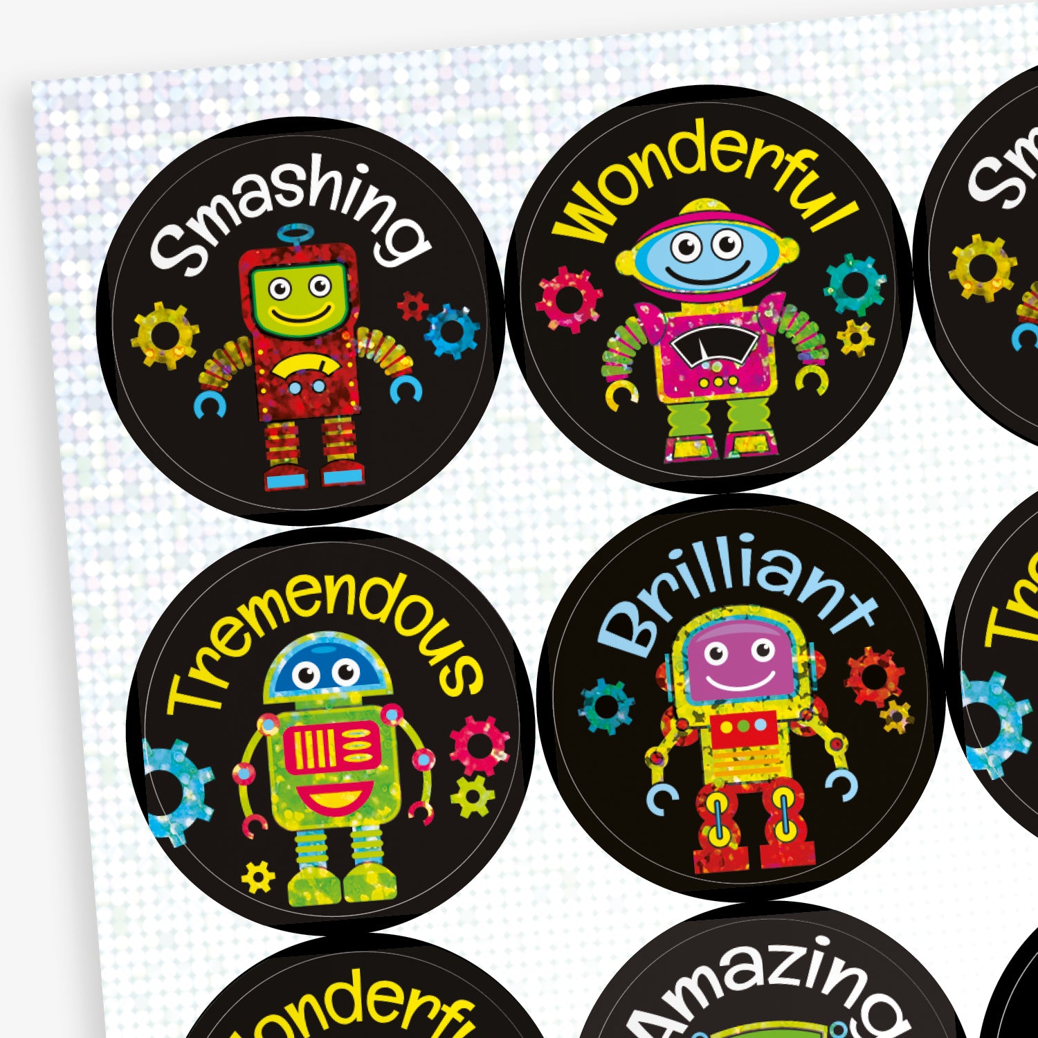 A sheet of circular reward stickers with a black background, each featuring a colourful holographic cartoon robot and positive words such as 'Smashing', 'Wonderful', 'Tremendous', and 'Brilliant'. Surrounding each robot are small, colourful gear icons.