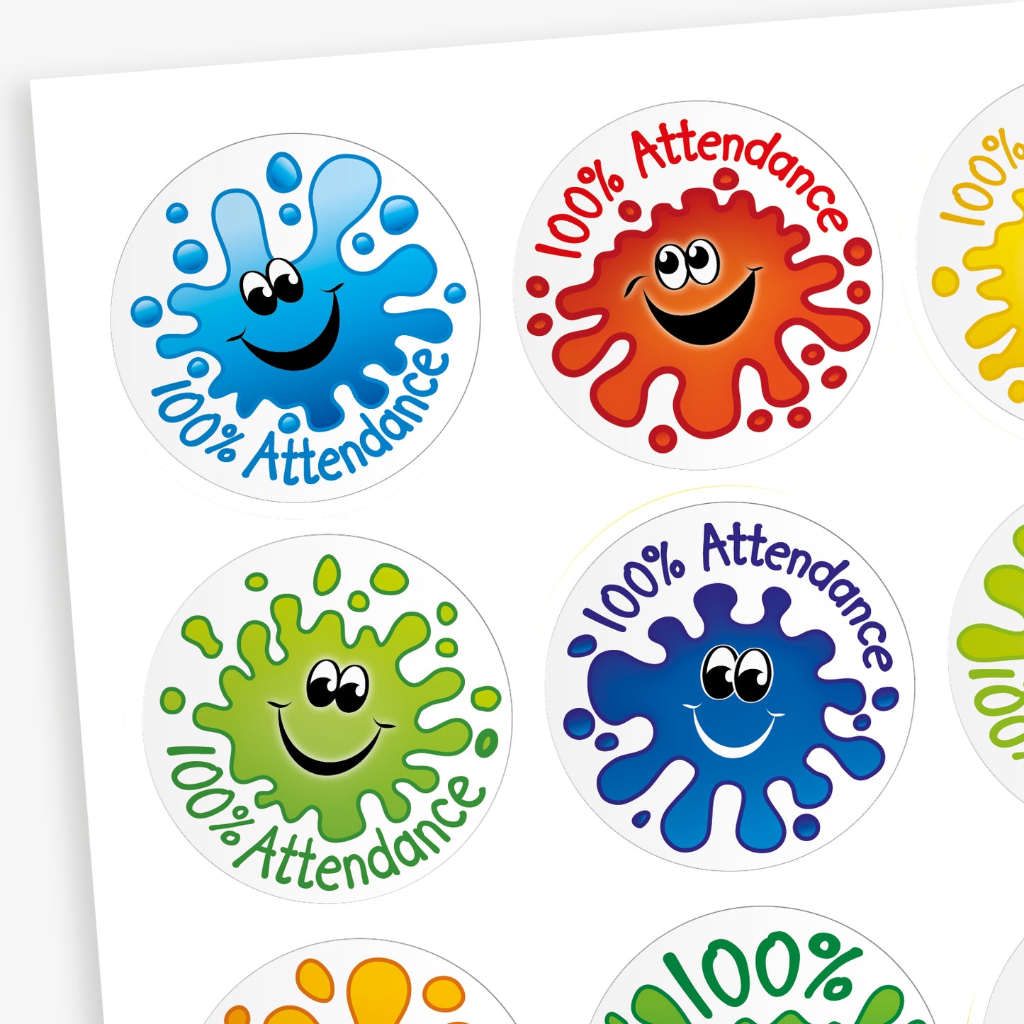 A sheet of 32mm round stickers featuring colourful splash designs in red, blue, green, and orange, each with a smiling face and the text '100% Attendance'. Ideal for rewarding pupils' perfect attendance.