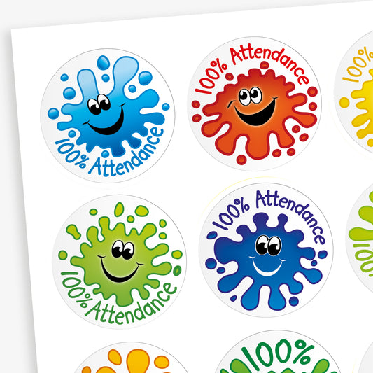 A sheet of 32mm round stickers featuring colourful splash designs in red, blue, green, and orange, each with a smiling face and the text '100% Attendance'. Ideal for rewarding pupils' perfect attendance.