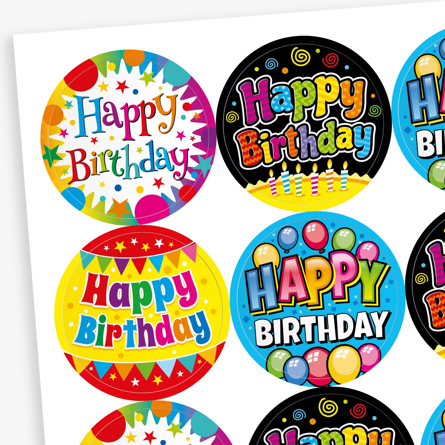 A sheet of circular 'Happy Birthday' stickers featuring various vibrant designs. Each sticker includes colourful text and festive decorations such as balloons, candles, stars, and bunting, with background colours including black, blue, yellow, and multicolour.