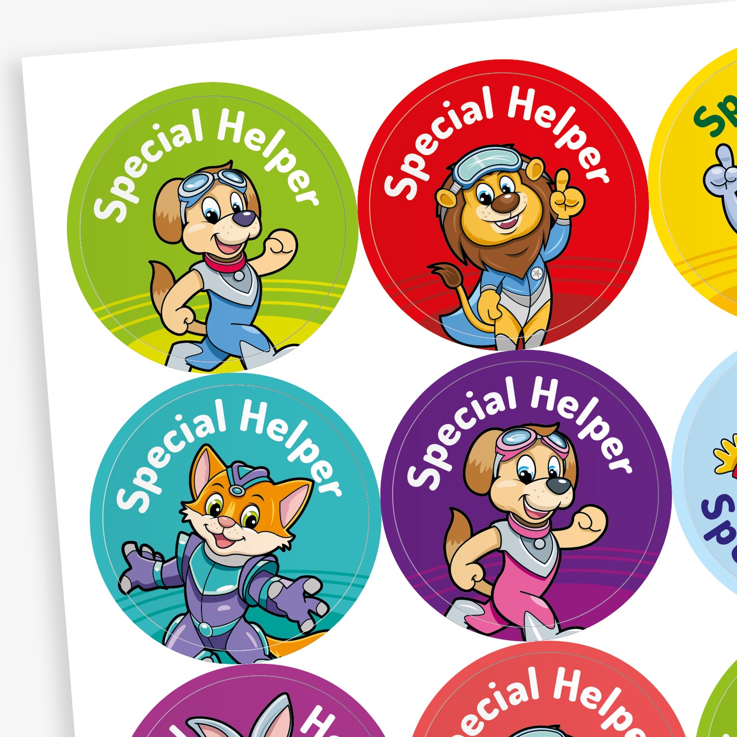 Sheet of round reward stickers labelled 'Special Helper', each featuring a cartoon animal character dressed in colourful superhero-style outfits. Characters include a dog, lion, and cat on vibrant backgrounds such as green, red, teal, and purple.