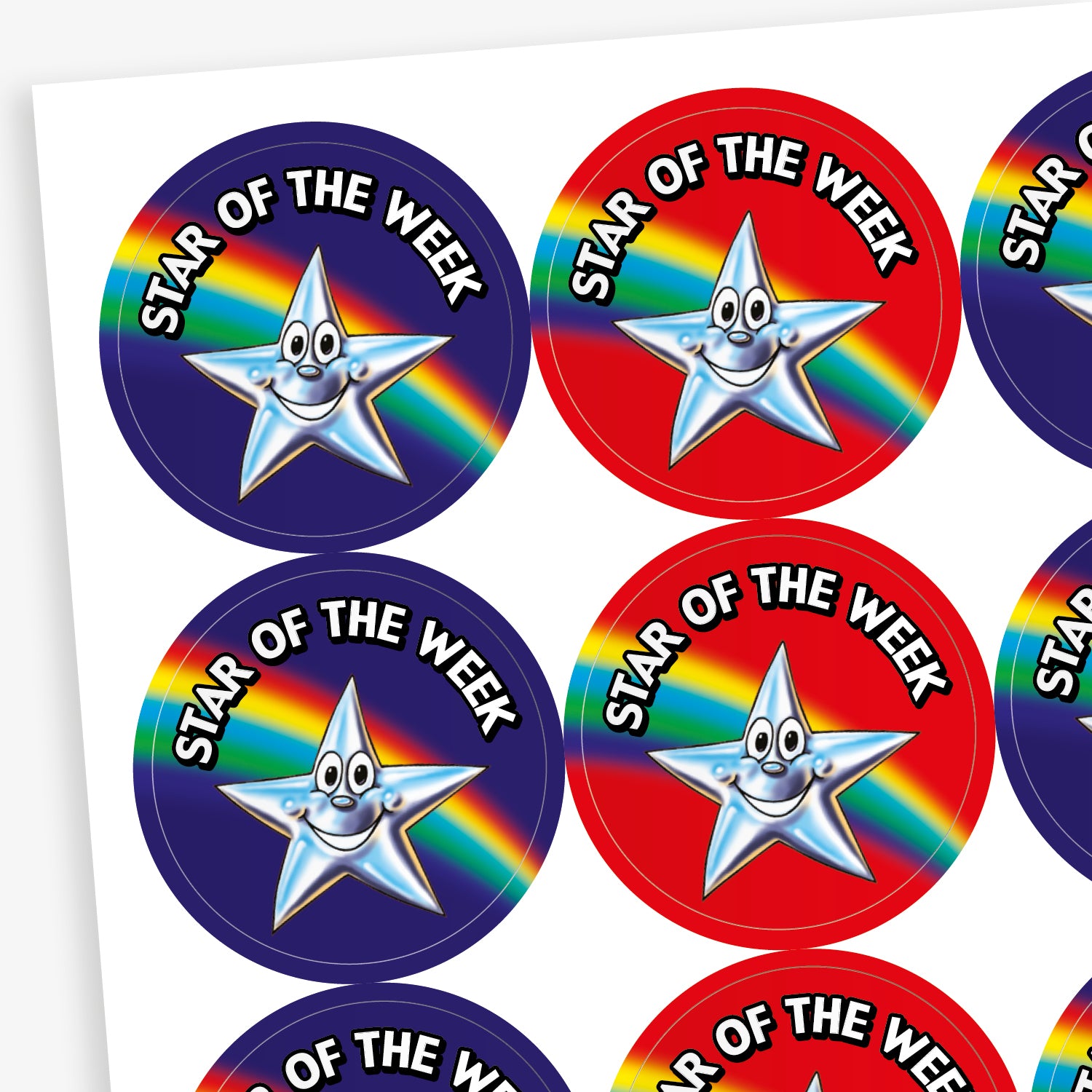 Sheet of round 'Star of the Week' stickers in red and blue, each featuring a smiling silver star character and a rainbow stripe across the background.