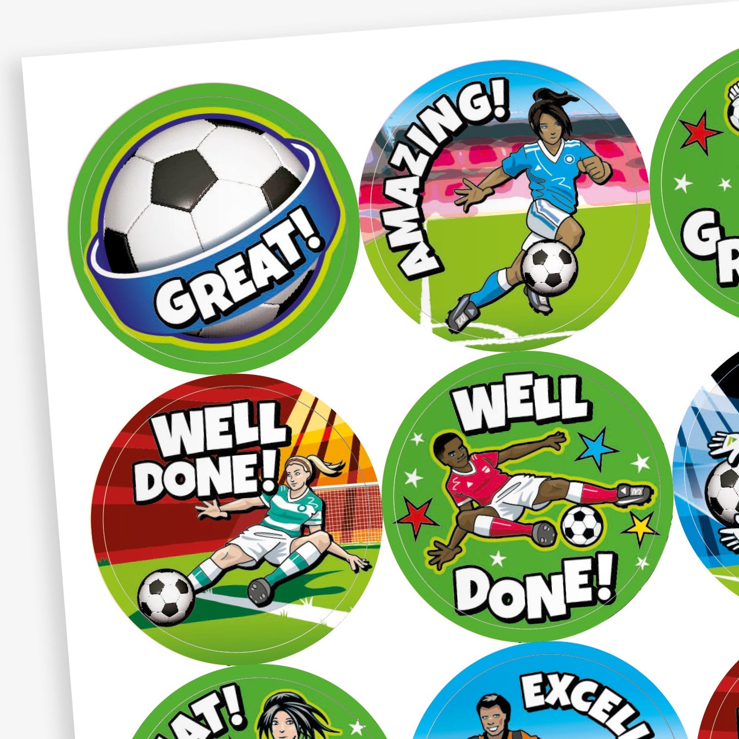 Close up of 32mm circular stickers featuring graphics of female and male footballers including kicking a fooball to score a goal and a goalkeeper saving a goal, alongside central football images.  Phrases include 'WELL DONE', 'GREAT' and 'AMAZING'