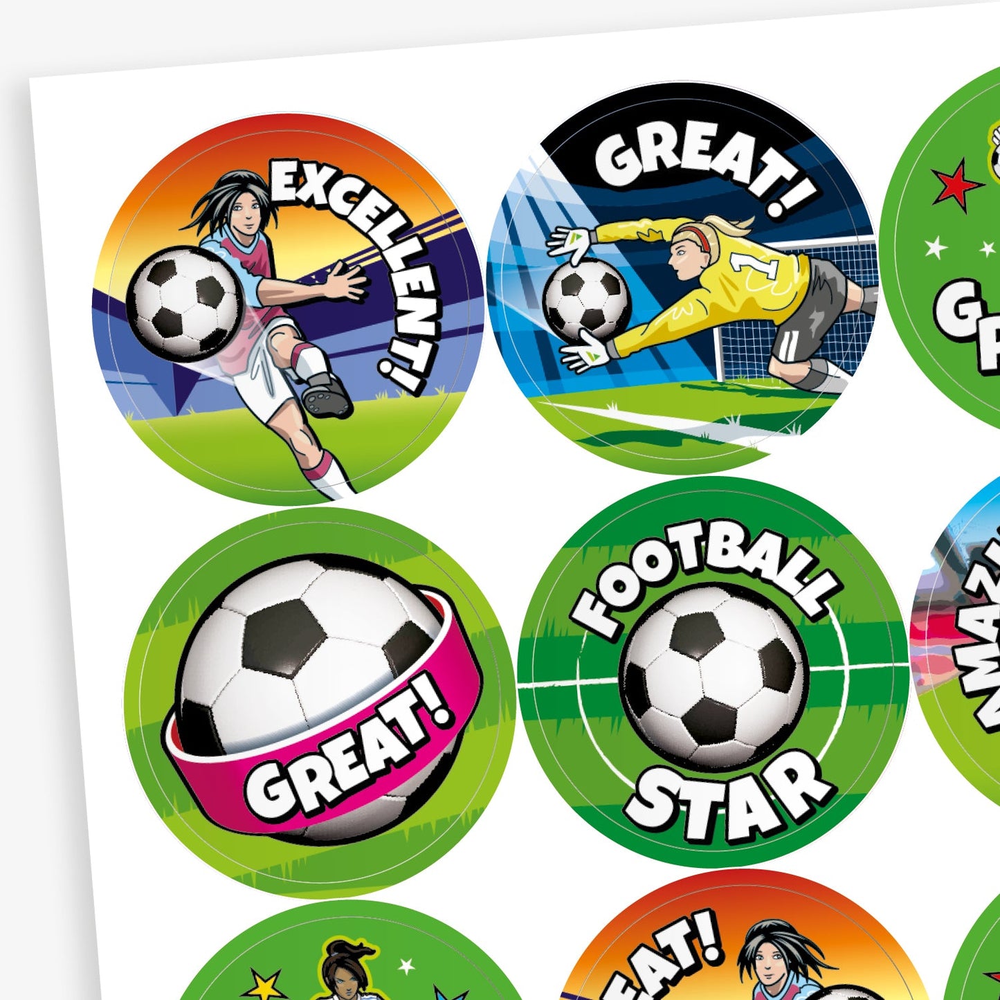 Close up of 32mm circular stickers featuring graphics of female footballers including kicking a fooball to score a goal and a goalkeeper in a yellow top diving to save a goal, alongside central football image.  Phrases include 'FOOTBALL STAR', 'GREAT' and 'EXCELLENT'