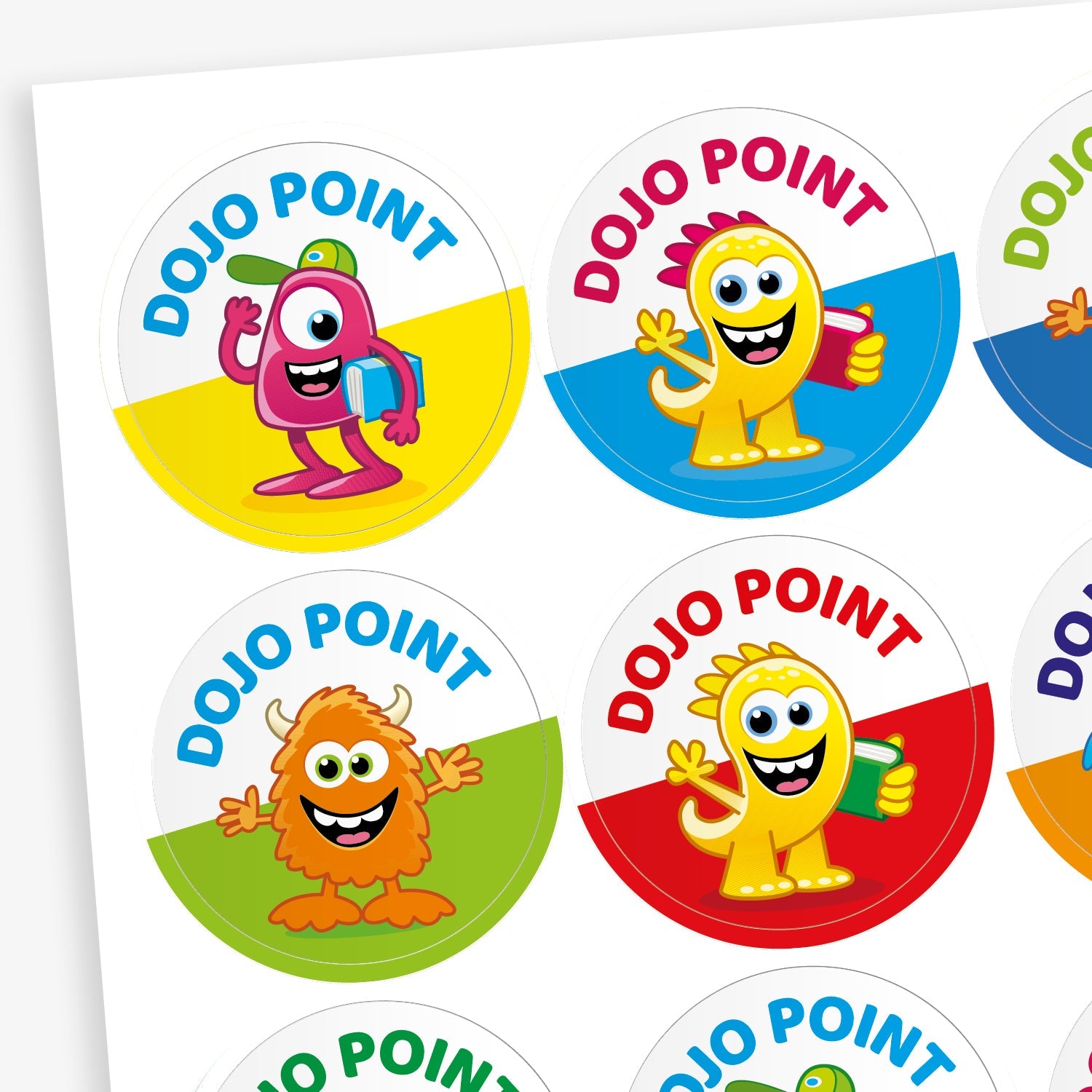 Close up of a sheet of 32mm circular stickers.  Each has a colourful monster as a central image, the bottom half of the sticker is a block colour such as yellow, cyan, magenta or green and the top has the phrase 'DOJO POINT'