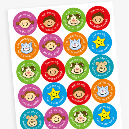 Overview of a sheet of 32mm round stickers each with a character's face (Cat, boy, girl, dog) central to a colourful background with phrases surrounding the image, such as 'Ask me why I got this sticker' and 'I did something very well ask me what it was!'