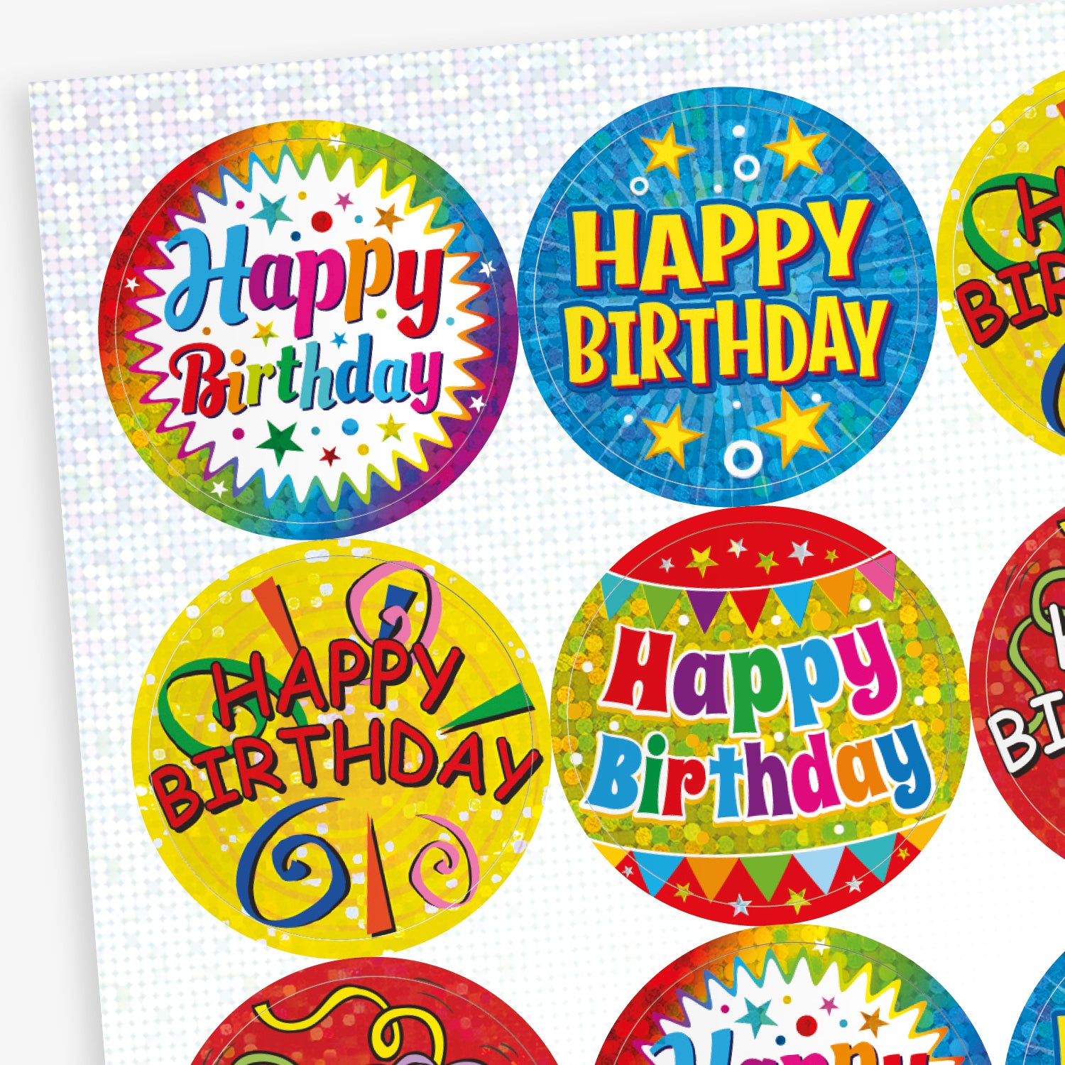 A sheet of colourful, holographic circular 'Happy Birthday' stickers with celebratory designs. Each sticker features bright backgrounds in blue, yellow, and red, decorated with confetti, balloons, and streamers, with bold 'Happy Birthday' text in various styles.