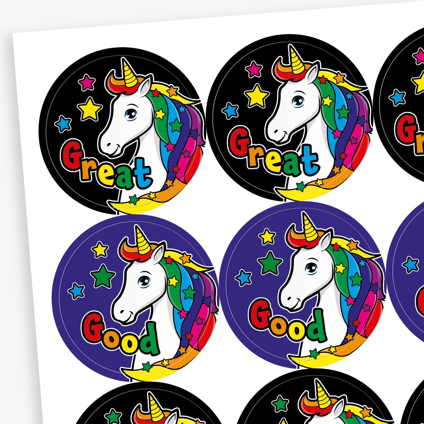 Sheet of 20 round vibrant-coloured stickers, each 32mm in diameter, featuring a white unicorn with a rainbow mane and horn, surrounded by stars. Each sticker displays one of five motivational words: 'Great', 'Magic', 'Super', 'Wow!', or 'Good'.