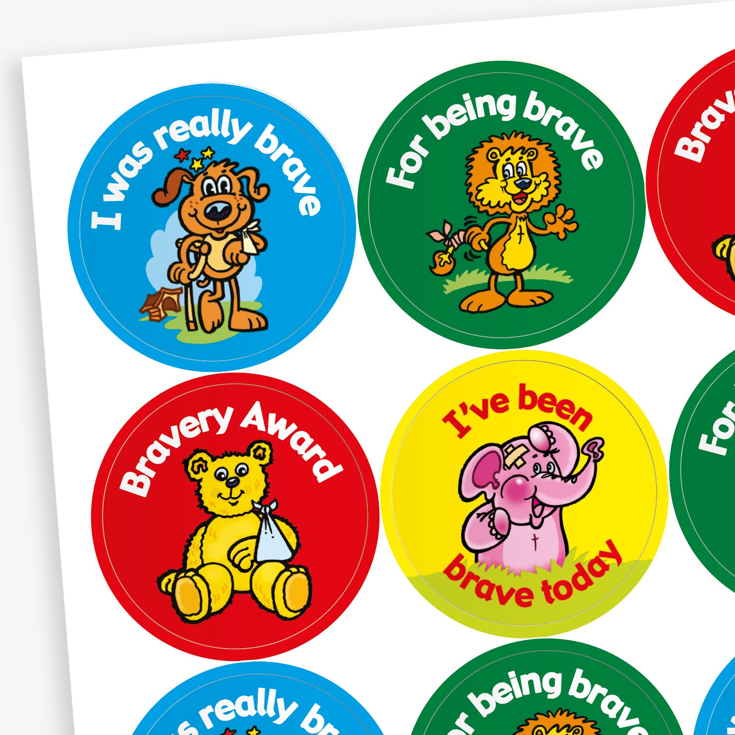 Sheet of vibrant circular stickers with cartoon characters such as a dog on crutches, and elephant with a plaster on it's head, a bear with it's arm in a sling and a lion with a bandage on it's tail; with phrases including 'I was really brave', 'For being brave'. 'Bravery Award' and 'I've been brave today'
