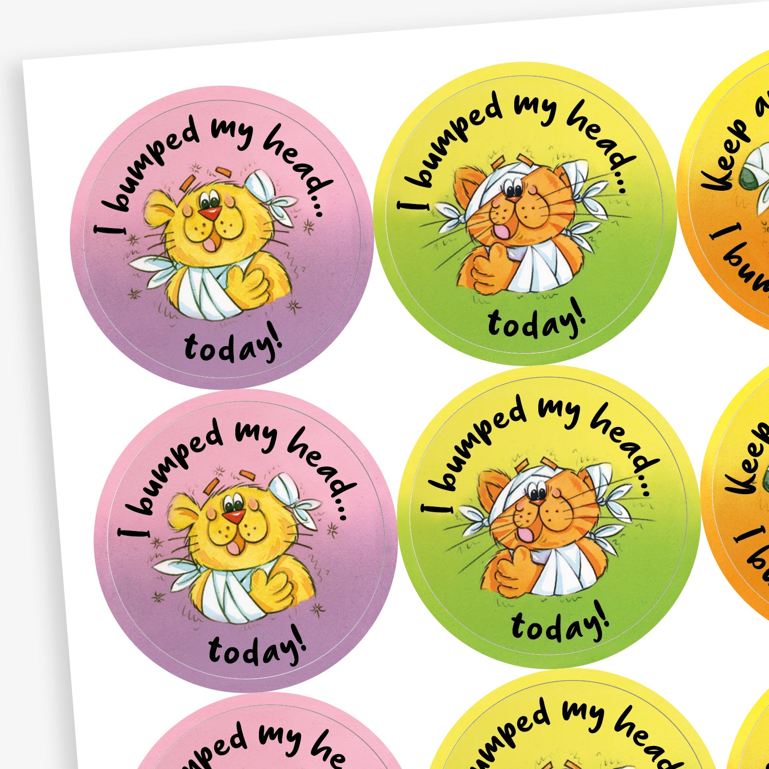 Sheet of pastel background stickers with a cat central to the image with a bandaged arm and head.  There is text surrounding the image saying 'I bumped my head…..today!'