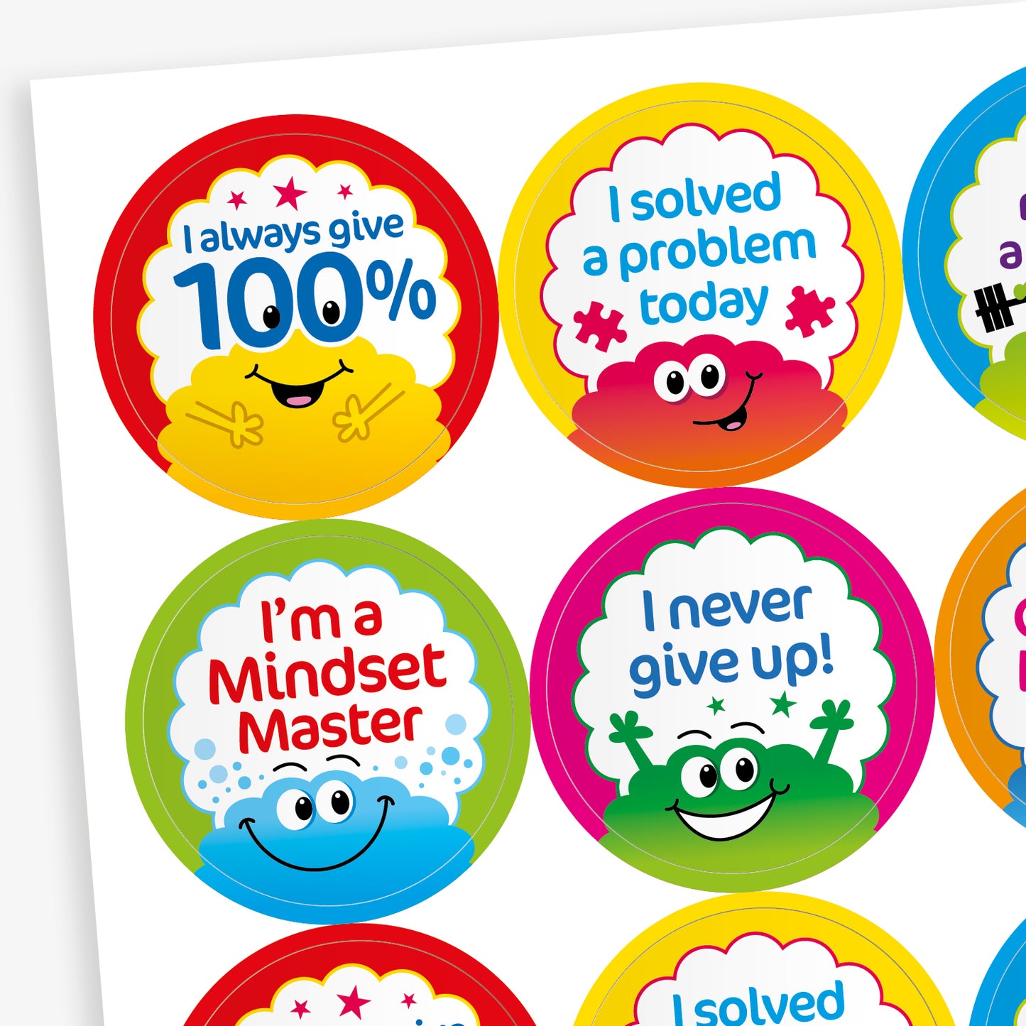 A sheet of colourful motivational stickers for children, each with a cartoon brain and a positive message. Messages include: 'I always give 100%', 'I solved a problem today', 'I'm a Mindset Master', and 'I never give up!' The stickers are circular and brightly coloured in red, yellow, green, blue, and pink.