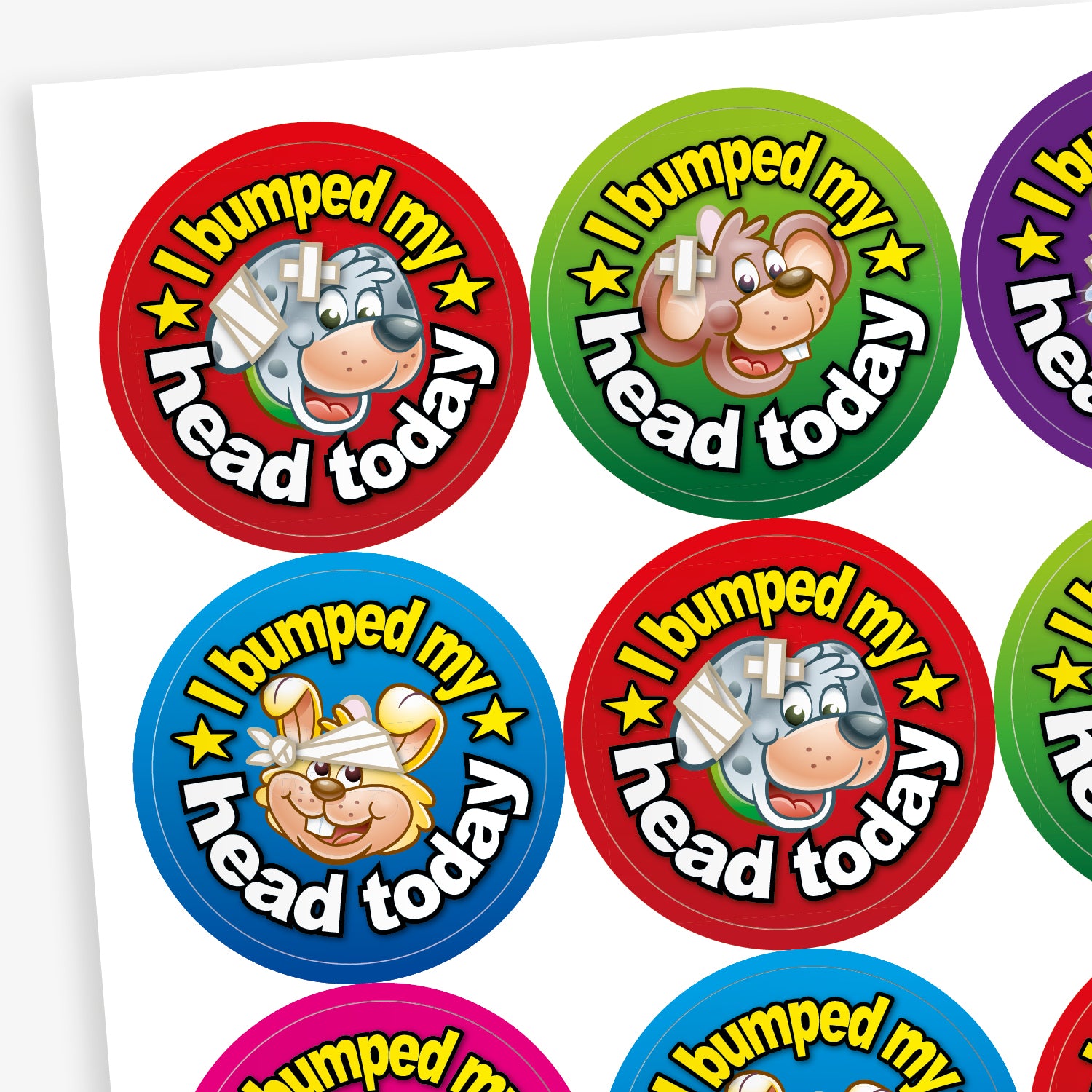 Sheet of vibrant coloured stickers with a dog central to the image with a bandaged  head.  There is text surrounding the image saying 'I bumped my head today!'