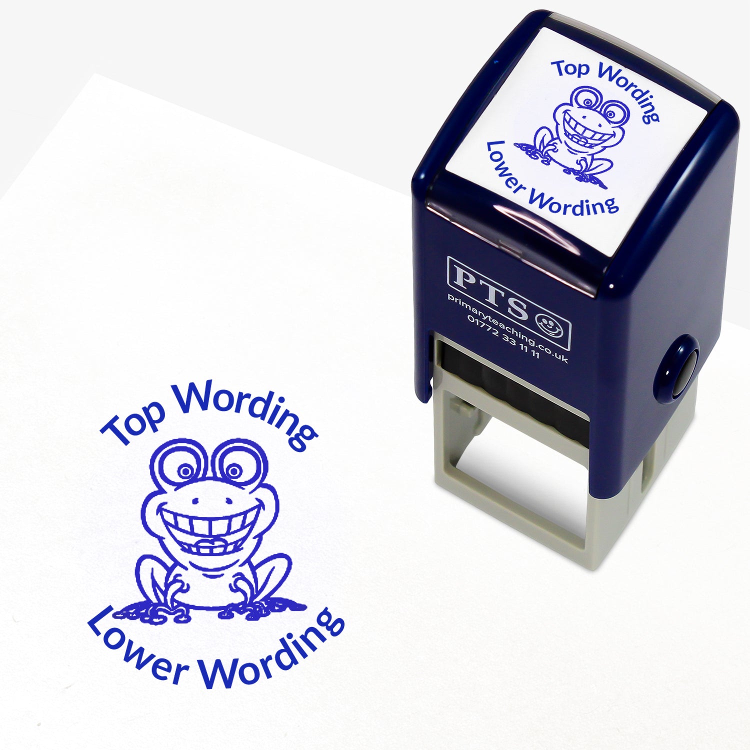 A 25mm round pre-inked teacher stamper with blue ink, featuring an smiling frog, curving above the image is space for personalisation 'Top Wording' and curving below the image is space for personalisation 'Lower Wording' in a clear, bold font.