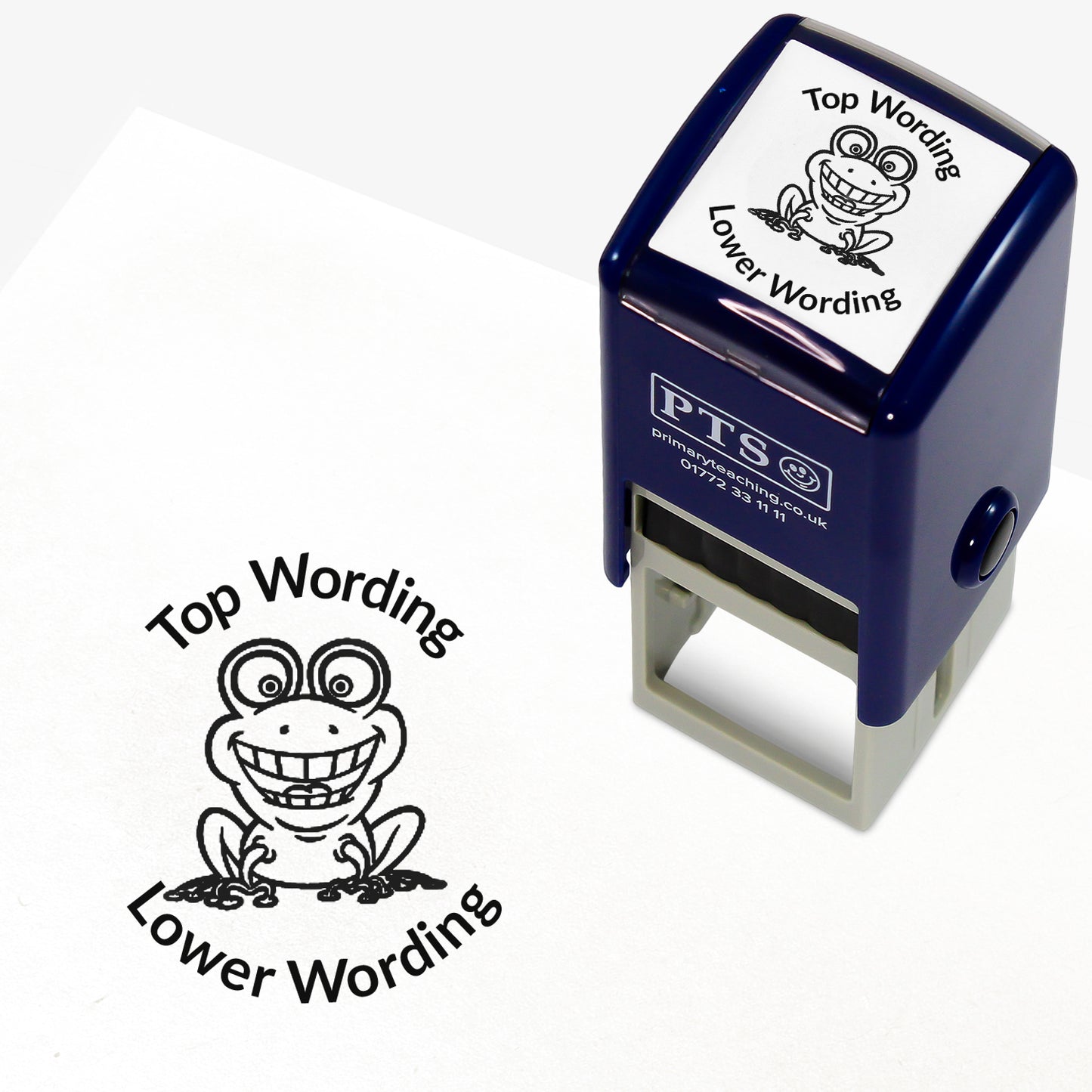 A 25mm round pre-inked teacher stamper with black ink, featuring an smiling frog, curving above the image is space for personalisation 'Top Wording' and curving below the image is space for personalisation 'Lower Wording' in a clear, bold font.