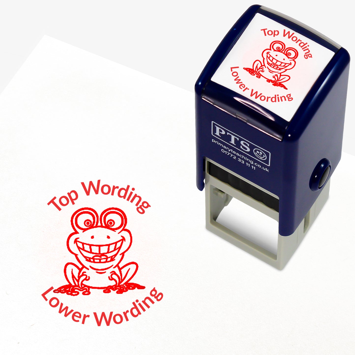 A 25mm round pre-inked teacher stamper with red ink, featuring an smiling frog, curving above the image is space for personalisation 'Top Wording' and curving below the image is space for personalisation 'Lower Wording' in a clear, bold font.