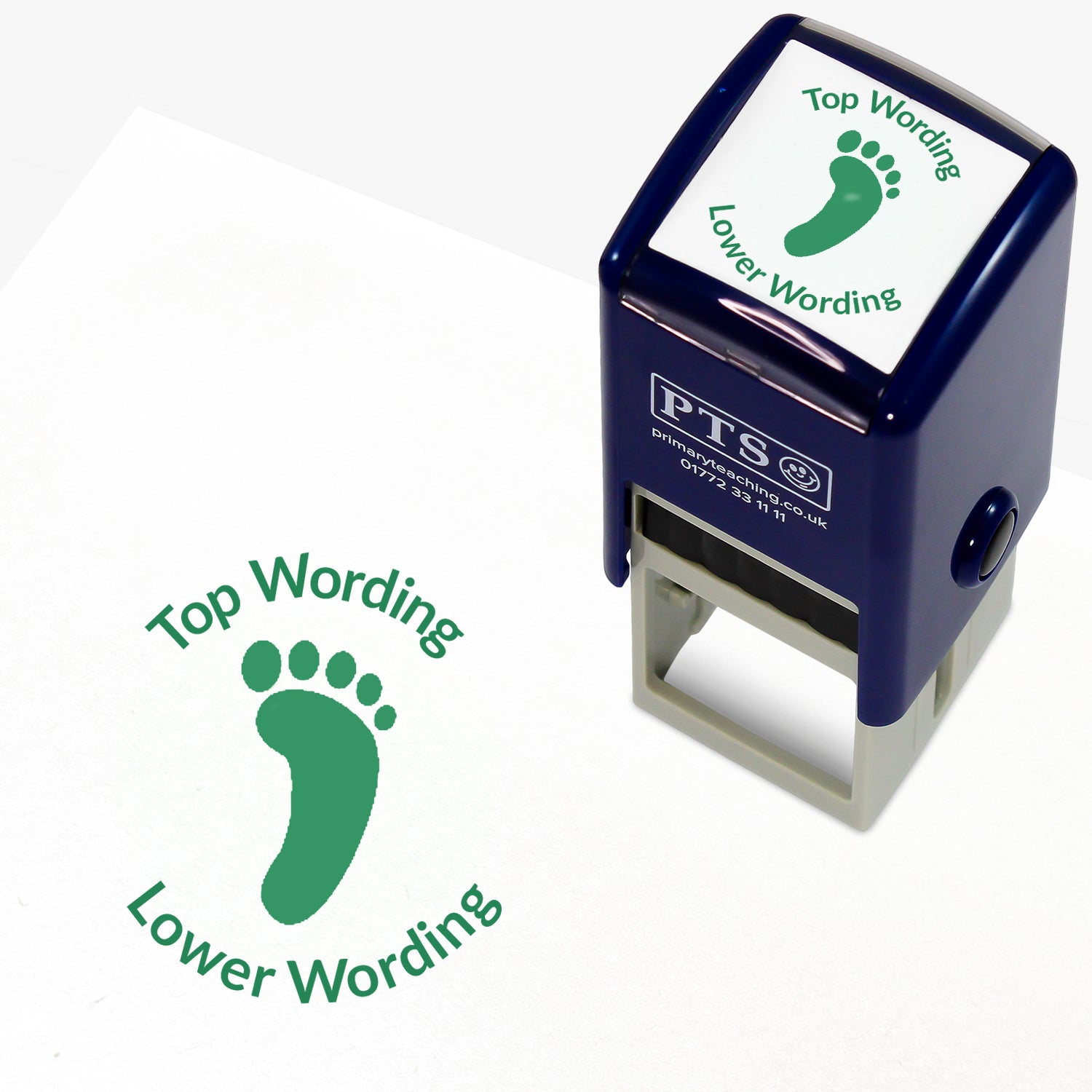 A 25mm round pre-inked teacher stamper with green ink, featuring a solid footprint, curving above the image is space for personalisation 'Top Wording' and curving below the image is space for personalisation 'Lower Wording' in a clear, bold font.