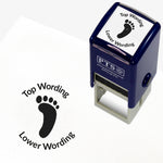 A 25mm round pre-inked teacher stamper with black ink, featuring a solid footprint, curving above the image is space for personalisation 'Top Wording' and curving below the image is space for personalisation 'Lower Wording' in a clear, bold font.