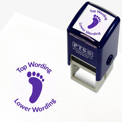 A 25mm round pre-inked teacher stamper with purple ink, featuring a solid footprint, curving above the image is space for personalisation 'Top Wording' and curving below the image is space for personalisation 'Lower Wording' in a clear, bold font.